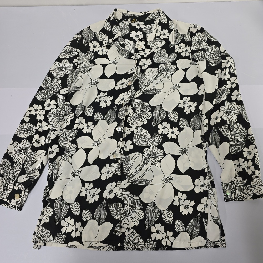 Alia Vintage Floral Button Up‎ Shirt Black White Long Sleeve Blouse XL